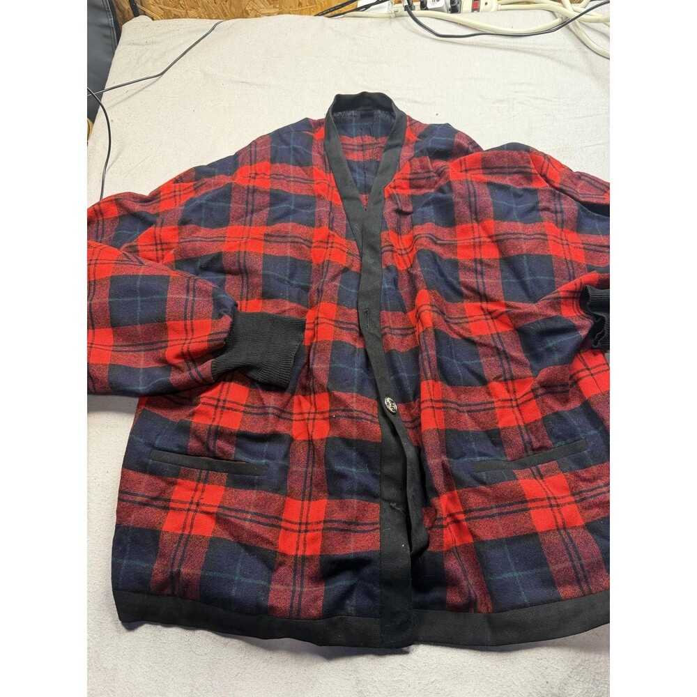 Vintage Pendleton Sweater Mens Red Plaid Wool Knit Cardigan - missing buttons